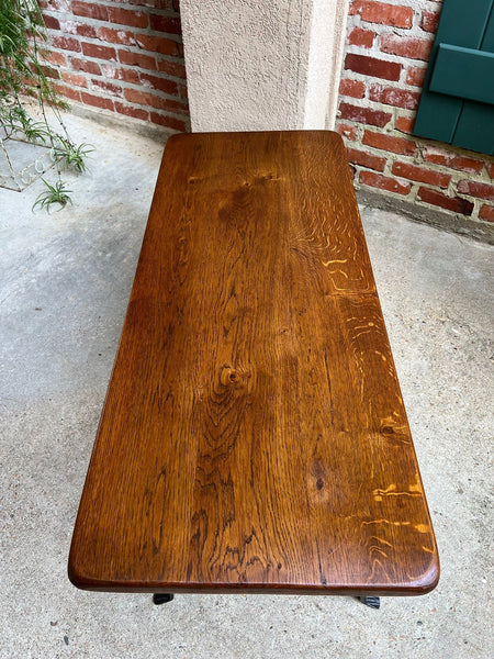 Antique French Coffee Table Bench Country Farmhouse Tiger Oak Wrought Iron c1920