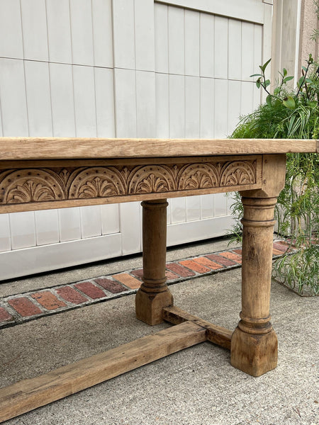 Antique French Dining Farm Table Bleached CARVED Oak 8 ft. LARGE c1880