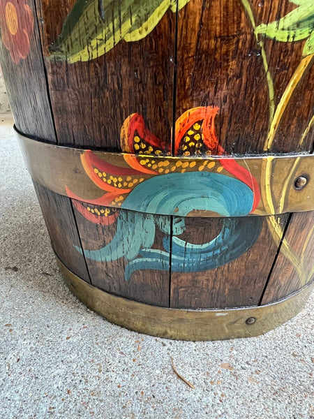 PAIR Set Antique English Oak Barrel Jardinière Planter Rosemaling Hand Painted