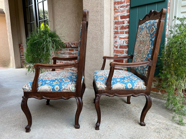 PAIR Antique French Dining Arm Chair Louis XV Carved Oak Blue Persian textile