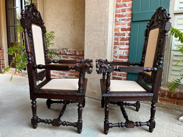 PAIR Antique French Arm Chair Dining Renaissance Carved Oak Bird Black Forest