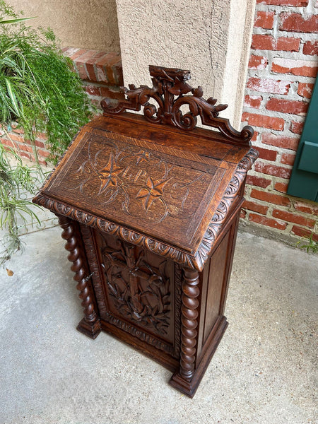 Antique French Altar Lecturn Gothic Bible Box Podium Sacristy Cabinet Carved Oak