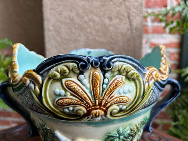 Antique French Majolica Jardinière Onnaing Tiger Monkey Jungle Cache Pot Planter