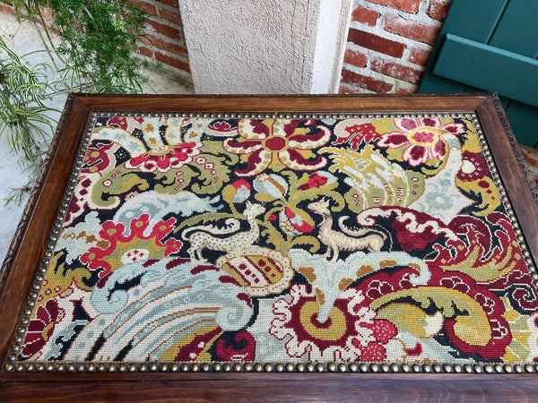 Antique French Sofa Table Writing Desk Barley Twist Carved Renaissance Tapestry