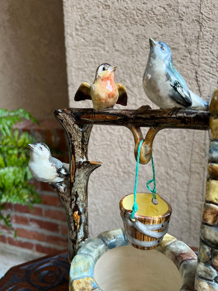 Antique French Majolica Bird Wishing Well Flower Holder Cache Pot Jerome Massier