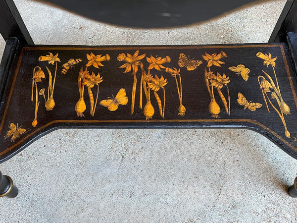 Antique English Sofa Side Table Decoupage Botanical Floral Black Gold c1890