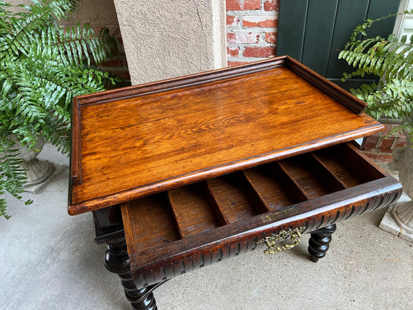 Antique English Hall Sofa Table Sideboard Carved Oak Bobbin Leg c1910