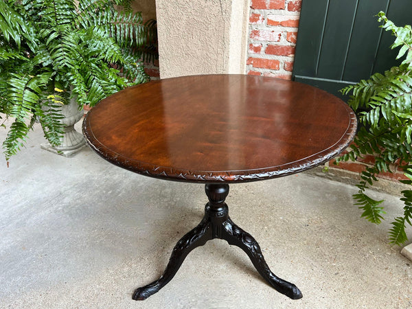 Antique French Tilt-Top Round Table Carved Mahogany Game Mahjong Wine c1890