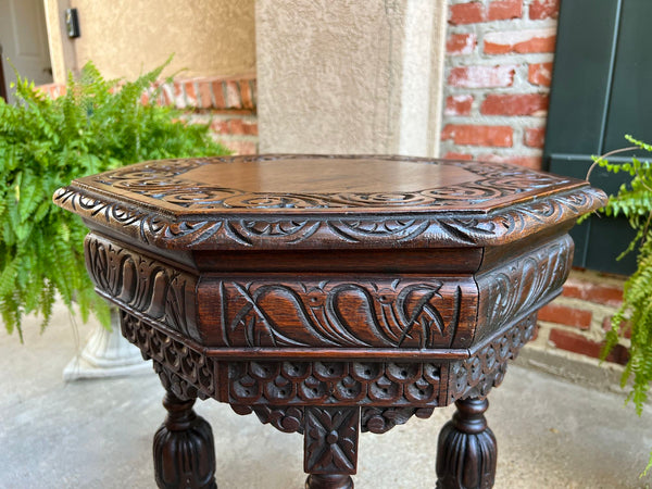 PETITE Antique French Octagon Center Side TABLE Side End Renaissance Carved Oak