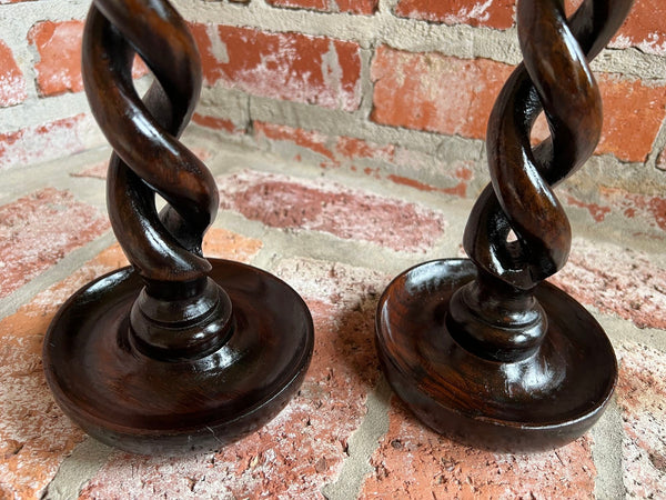 PAIR Set Antique English Oak OPEN Barley Twist Candlesticks Candle Holder Brass