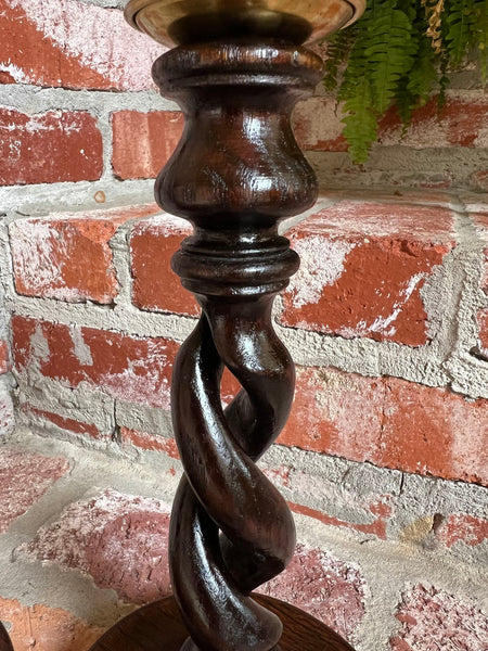 PAIR Set Antique English Oak OPEN Barley Twist Candlesticks Candle Holder Brass