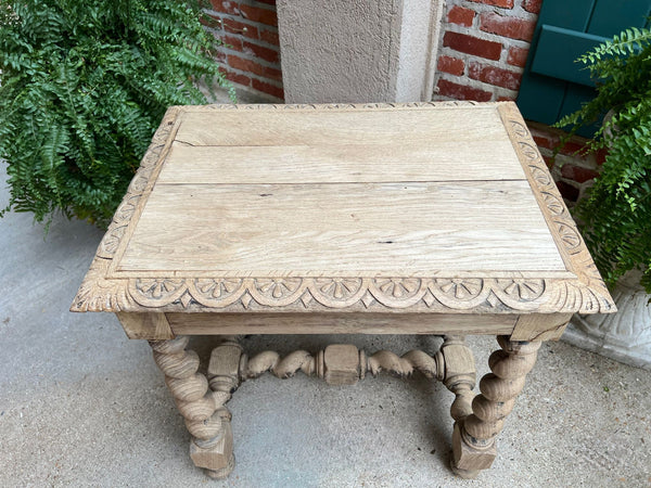 Antique French Side Table Barley Twist Bleached Carved Oak Nightstand Louis XIII