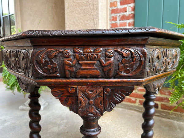 Antique French Octagon Sofa Table Carved Oak Barley Twist Louis XIII Renaissance