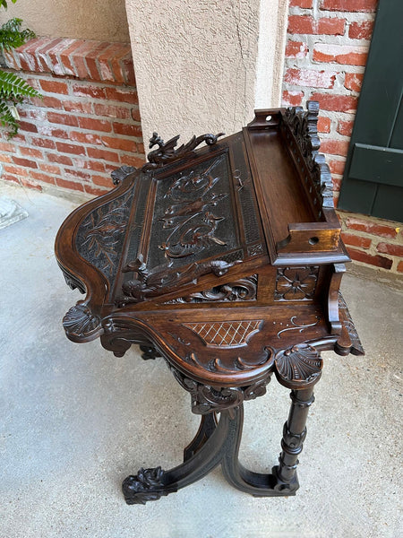 Antique French Writing Desk Secretary Black Forest Carved Oak Renaissance c1890