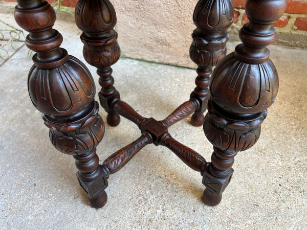 PETITE Antique French Octagon Center Side TABLE Renaissance Carved Oak c1890