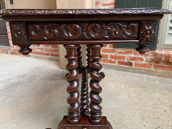 Antique French Console Sofa Table Carved Oak Barley Twist Desk Renaissance c1890