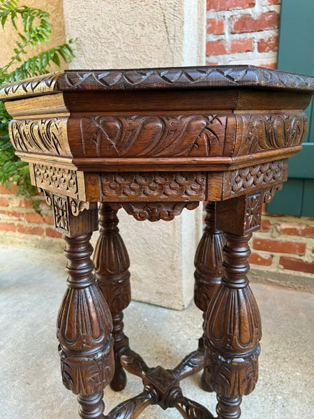 Petite Antique French Octagon Side TABLE Renaissance Carved Oak c1900