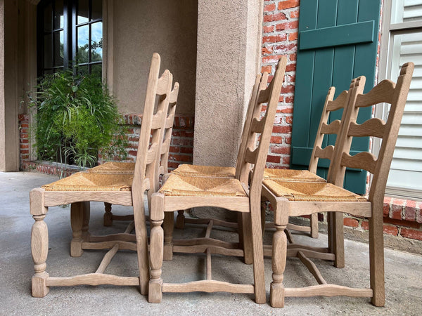 Set 6 Vintage French Ladder Back Dining Chairs Rush Seat Bleached Oak Farmhouse