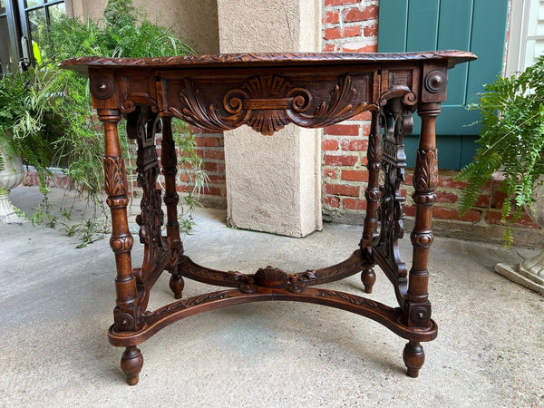 Antique French Sofa Hall Table Carved Oak Renaissance Revival Cherub End Table