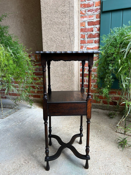 Antique English End Table SQUARE PETITE Jacobean Oak Two Tier c1900