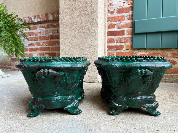 PAIR Antique French Cast Iron Jardiniere Large Footed Cache Pot Planter c1880