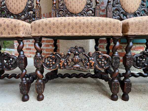 Set 4 TALL Antique French Dining Chair Barley Twist Renaissance Carved Oak 1890