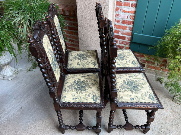 Set 4 Antique French Dining Chair Barley Twist Renaissance Carved Oak Green 1900