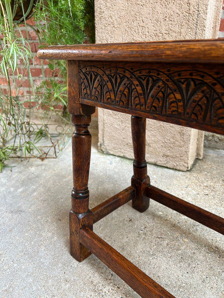 Antique English Footstool Bench Joint Stool Carved Oak Jacobean Stand c1900