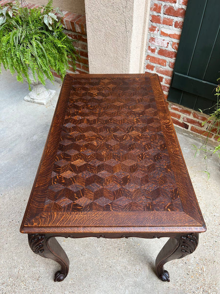 Antique French Sofa Side Table Writing Desk Louis XV Carved Oak Parquet Top