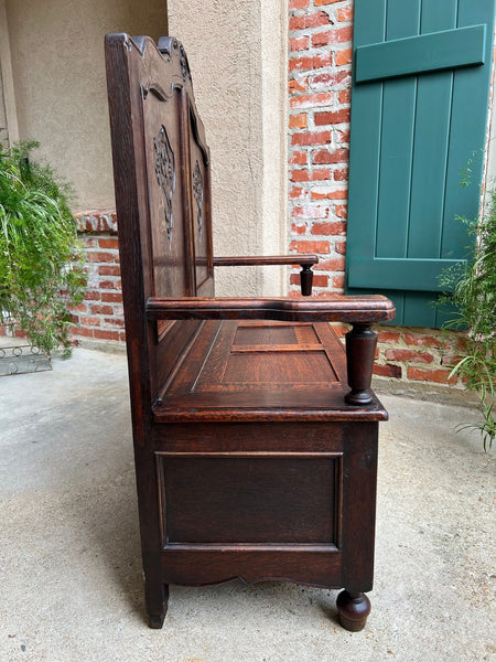 Antique French Louis XV Hall Bench Carved Oak Foyer Settee Lift Top Chest c1890