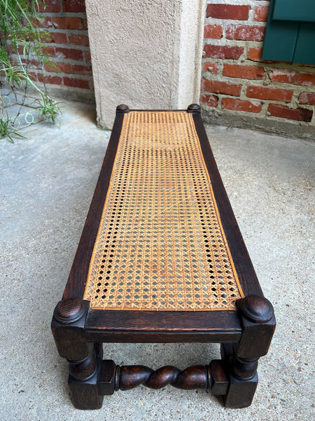 Antique English Barley Twist Stool Bench Oak Cane Jacobean Ottoman c1920