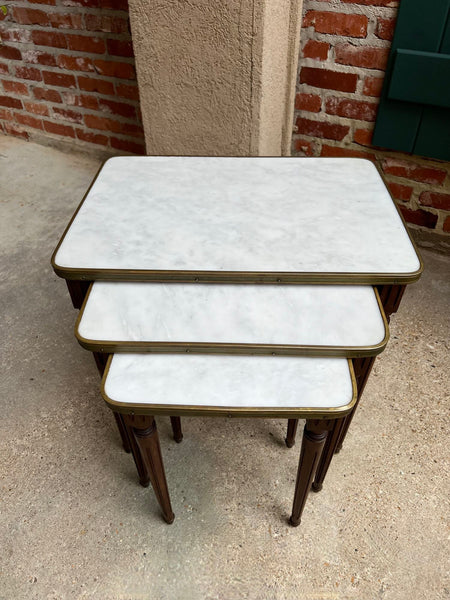 Set 3 Vintage French Nesting Table WHITE MARBLE Mahogany Louis XVI Maison Jansen