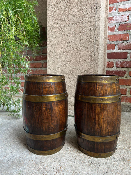 PAIR Set Antique English Oak Barrel Jardinière Planter Rosemaling Hand Painted