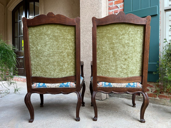 PAIR Antique French Dining Arm Chair Louis XV Carved Oak Blue Persian textile