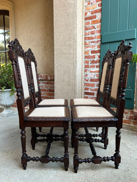 Set 4 Antique French Dining Chairs Renaissance Carved Oak Bird Black Forest