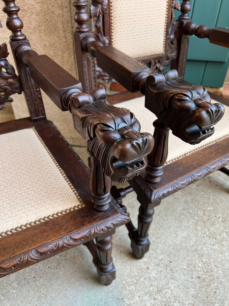 PAIR Antique French Arm Chair Dining Renaissance Carved Oak Bird Black Forest