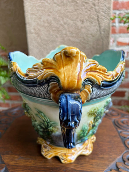 Antique French Majolica Jardinière Onnaing Tiger Monkey Jungle Cache Pot Planter
