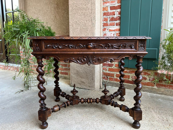 Antique French Sofa Table Writing Desk Barley Twist Carved Renaissance Tapestry