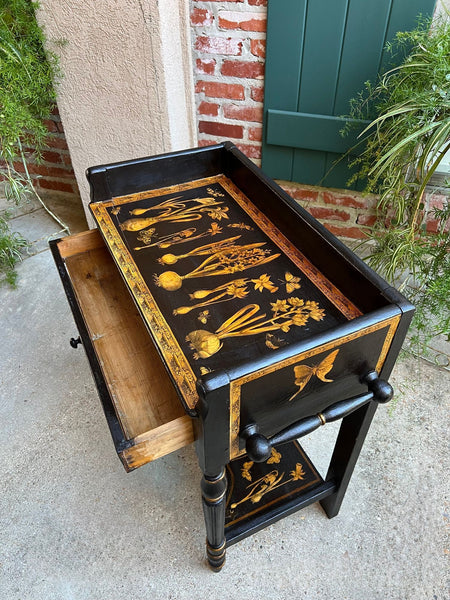 Antique English Sofa Side Table Decoupage Botanical Floral Black Gold c1890