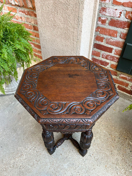 PETITE Antique French Octagon Center Side TABLE Side End Renaissance Carved Oak