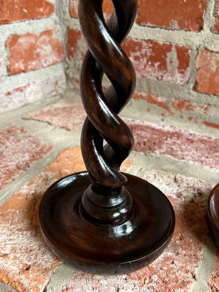PAIR Set Antique English Oak OPEN Barley Twist Candlesticks Candle Holder Brass