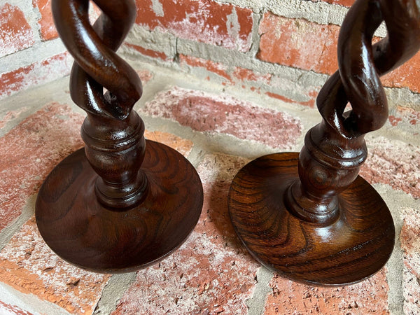 PAIR Set Antique English Oak OPEN Barley Twist Candlesticks Candle Holder Brass