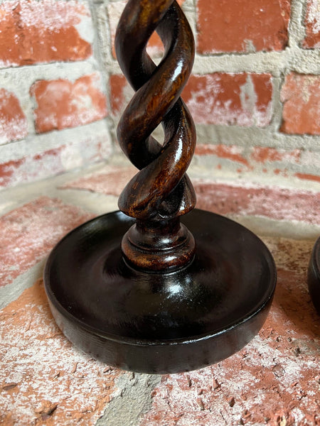 PAIR Set Antique English Oak OPEN Barley Twist Candlesticks Candle Holder Brass