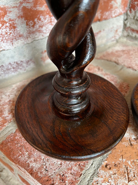 PAIR Set Antique English Oak OPEN Barley Twist Candlesticks Candle Holder Brass