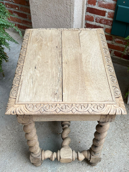 Antique French Side Table Barley Twist Bleached Carved Oak Nightstand Louis XIII