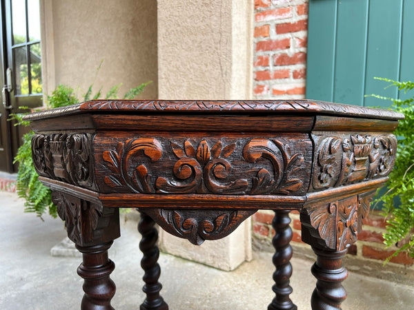 Antique French Octagon Sofa Table Carved Oak Barley Twist Louis XIII Renaissance