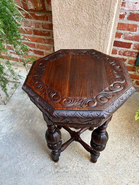 PETITE Antique French Octagon Center Side TABLE Renaissance Carved Oak c1890