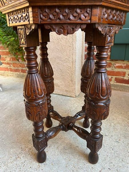 Petite Antique French Octagon Side TABLE Renaissance Carved Oak c1900