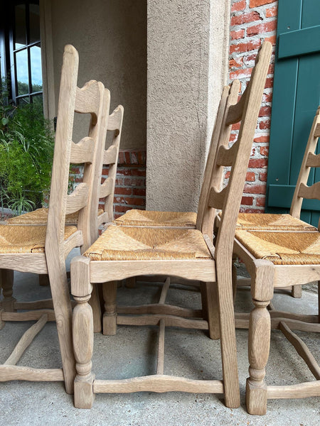 Set 6 Vintage French Ladder Back Dining Chairs Rush Seat Bleached Oak Farmhouse
