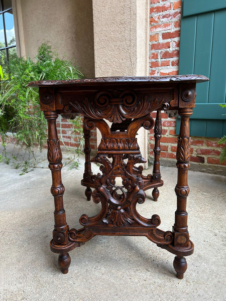 Antique French Sofa Hall Table Carved Oak Renaissance Revival Cherub End Table